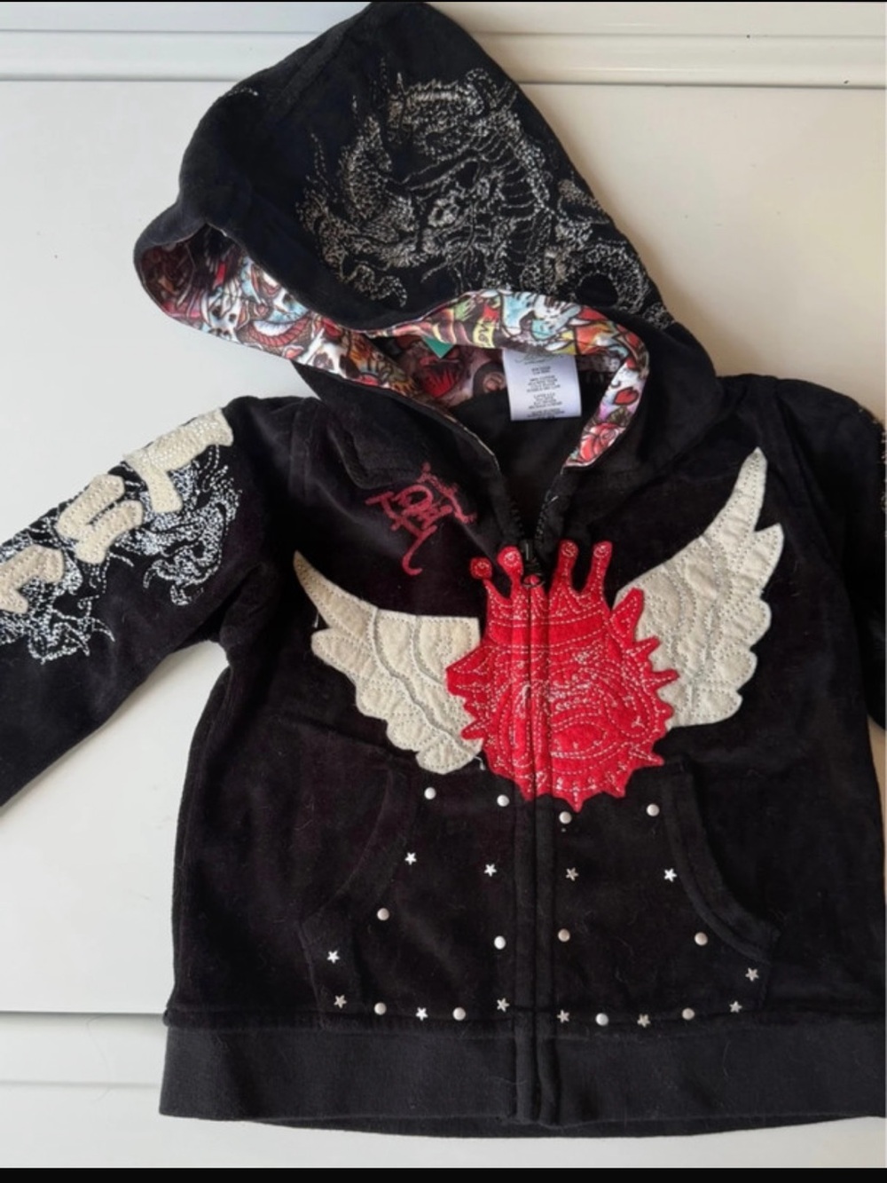 Ed Hardy Black Hoodie with Red Winged Crest and Cream Accents size 12/18 months